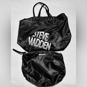 2 Piece Black Set Extra Large Logo Tote Snap On Wristlet Clutch Bag Silvertone